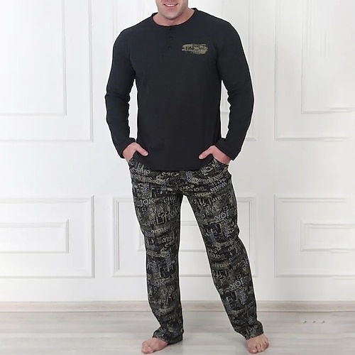 Herren Hausanzug Schlafanzüge Schlafanzug Set Pyjama-Oberteil und Hose 2 Stück Plaid Stilvoll Brautkleider schlicht Komfort Heim Täglich Baumwollmischung Komfort Henley Langarm T Shirt Hose Kordelzug Image