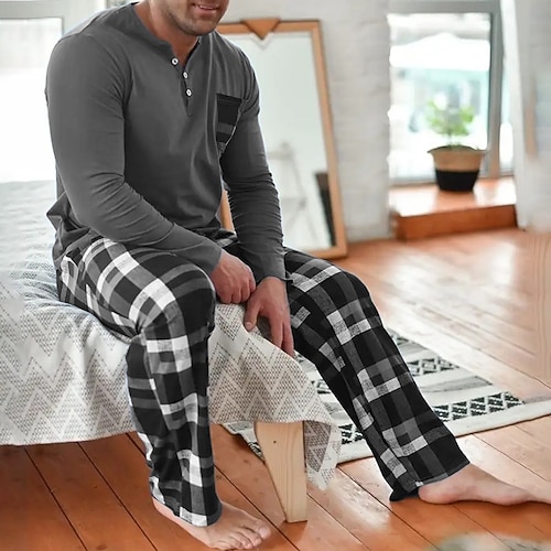 Herren Hausanzug Schlafanzüge Schlafanzug Set Pyjama-Oberteil und Hose 2 Stück Plaid Stilvoll Brautkleider schlicht Komfort Heim Täglich Baumwollmischung Komfort Henley Langarm T Shirt Hose Kordelzug Image
