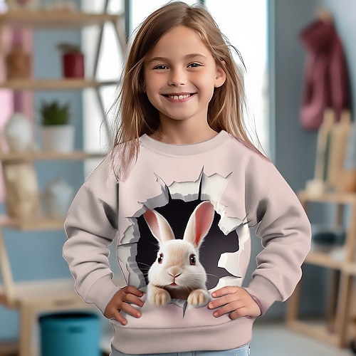 Mädchen 3D Katze Hase Kaninchen Pullover Langarm 3D-Druck Herbst Winter Modisch Strassenmode bezaubernd Polyester kinderkleidung 3-12 Jahre Rundhalsausschnitt Outdoor Casual Täglich Regular Fit Image