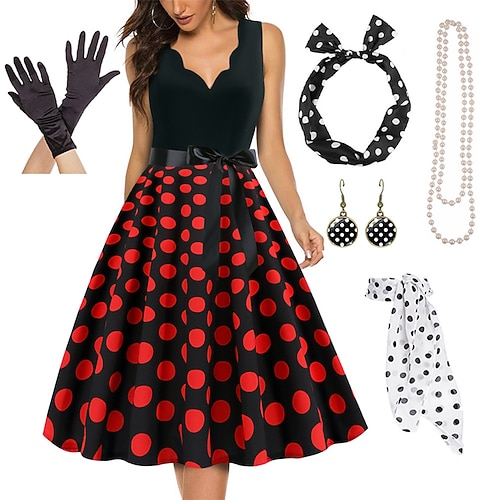 Elegante Retro Vintage 1950er Jahre Grease-Outfits A-Linien-Kleid Swing-Kleid Flair-Kleid Polka-Dots Fancies Kleid Damen Party Abend Erwachsenen Kleid Handschuhe Ohrringe Image