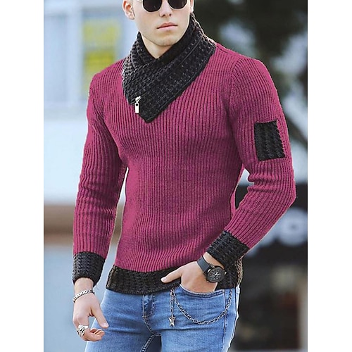 Herren Pullover Rollkragenpulli Stricken Strick Feste Farbe Rollkragen Klumpig Täglich Bekleidung Herbst Winter Schwarz Rote S M L Image
