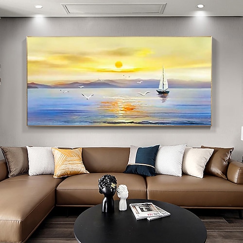 Großes handgemaltes Sonnenuntergang-Meereslandschafts-Ölgemälde auf Leinwand, originales abstraktes blaues Meereslandschaftsgemälde, strukturierte Wandkunst, Wohnzimmer-Wohnkultur, ohne Rahmen Image