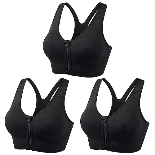 3er-Pack Sport-BHs mit starker Stützfunktion für Damen, Lauf-BH, nahtlos, Racerback-BH-Oberteil mit Reißverschluss vorne, gepolstert, für Yoga, Fitness, Fitnessstudio, Training, atmungsaktiv, Image