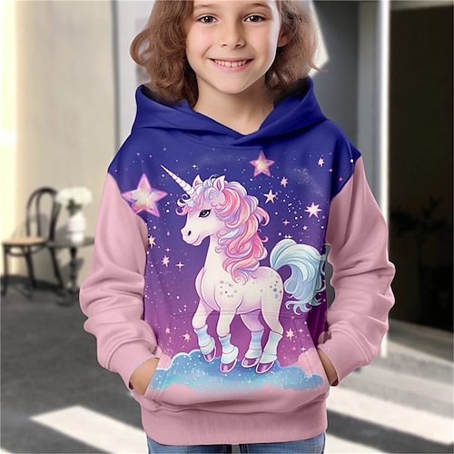 Mädchen 3D Galaxis Einhorn Kapuzenshirt Pullover Langarm 3D-Druck Herbst Winter Aktiv Modisch Kuschelig kinderkleidung 3-12 Jahre Outdoor Casual Täglich Regular Fit Image