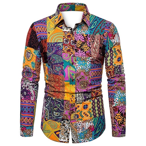 Herren Geometrisch Hemd Boho-Hemd Knopfhemd Langarm Designer Boho Party Kragen Hemdkragen Druck Schwarz Rosa Purpur Grün Image