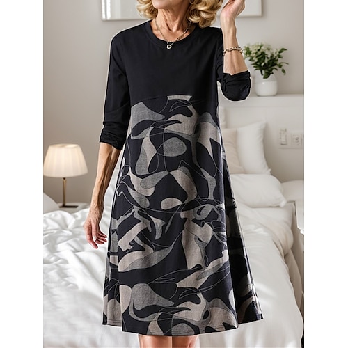 Damen Midikleid Casual kleid Winter Kleid Kleid drucken Aktiv Modisch Strassenmode Urlaub Strasse Täglich Regular Fit Blumen Farbblock Langarm Rundhalsausschnitt Schwarz Herbst Winter Image
