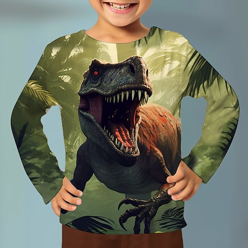 Jungen 3D Graphic Tier Dinosaurier T-Shirt Langarm 3D-Druck Sommer Frühling Herbst Sport Modisch Strassenmode kinderkleidung 3-12 Jahre 4-12 Jahre Outdoor Casual Täglich Regular Fit Image