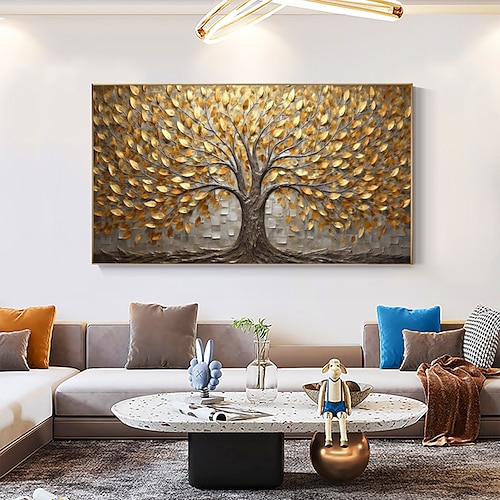 Handgefertigtes Ölgemälde auf Leinwand, Wandkunst-Dekor, originales Blattgold-Baum-Wohndekor mit gespanntem Rahmen, ohne Innenrahmen-Gemälde Image