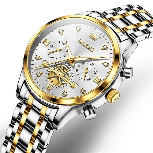 OLEVS Valentinstagsgeschenk für Frauen Quarz-Armbanduhr Sport Geschäft Armbanduhr Luminous wasserdicht Weltzeit-Dekoration Edelstahl-Armband-Uhr