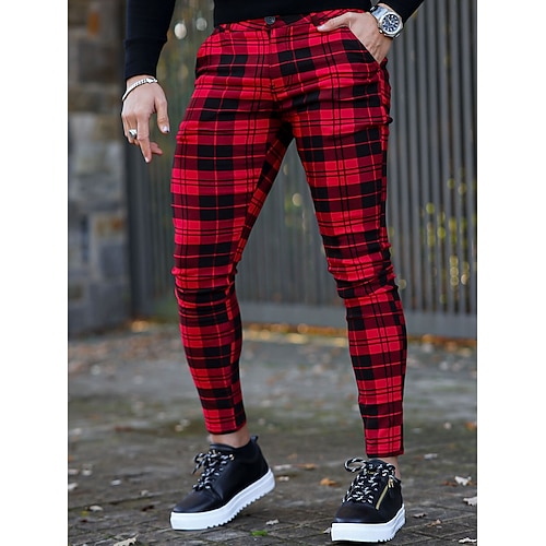 Herren Hose Hosen Chinesisch Chino Chino Hosen Karierte Anzughose Tasche Plaid Komfort Atmungsaktiv Outdoor Täglich Ausgehen Modisch Strassenmode Weiß Rote Image