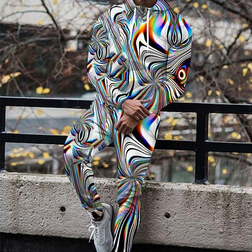 Herren Grafik Abstrakt 2St 3D Sweatshirt-Sets Kapuzensweatshirt Trainingsanzug Langarm Lange Hosen Mit Kapuze Mode Streetwear Lässig Täglich Sport Ausgehen 3D-Druck Frühling Herbst Schwarz Weiß Image