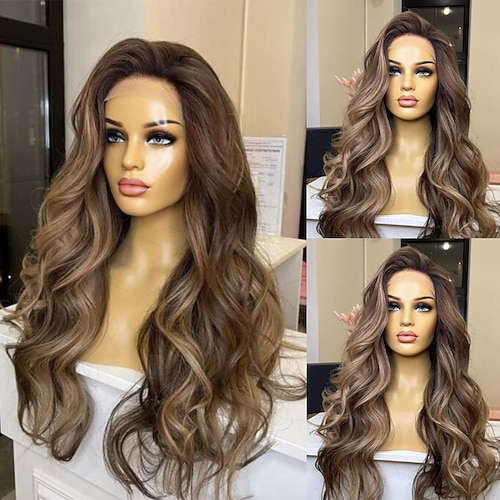 Remy Echthaar 13x4 Lace Front Perücke freier Teil brasilianisches Haar gewellte mehrfarbige Perücke 130 % 150 % Dichte hervorgehoben / Balayage-Haar für Frauen lange Echthaar-Spitzenperücke Image