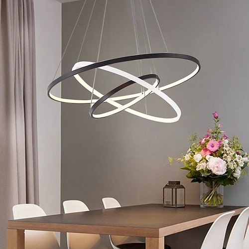 3-flammige LED-Pendelleuchte (80/60/40/20 cm), Metall, Acrylring, kreisförmiges Design, dimmbar, lackierte Oberflächen, modern, 90 W/113 W, 3-Ringe, 4-Ringe nur mit Fernbedienung dimmbar Image