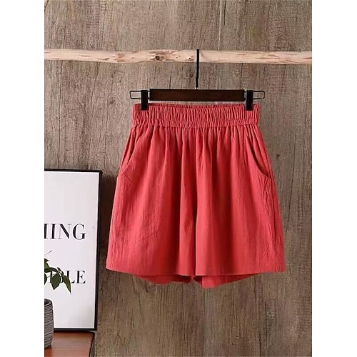 Damen Baumwoll Mischung Shorts Stoffhosen Aktiv Einfach Lässig Kurz Hohe Taille Einfach Tasche Elastischer Bund Atmungsaktivität Weich Bequem Mikroelastisch Urlaub Wochenende Wein Schwarz Weiß Kaffee Image