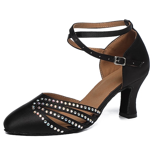 Damen-Tanzschuhe aus Satin – rosa Strass-Absätze mit Fesselriemen für Salsa und lateinamerikanische Tänze Image