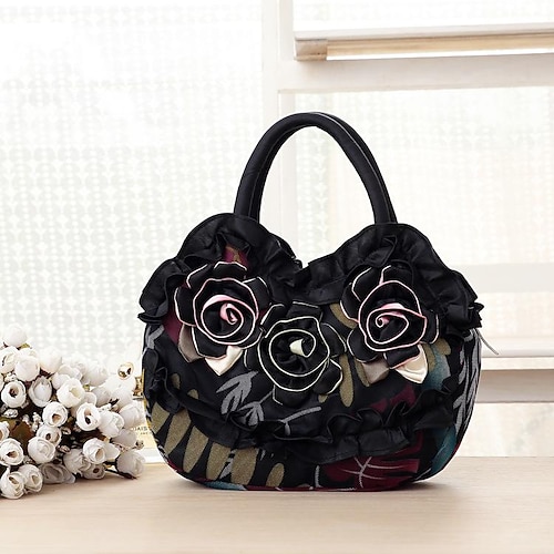 Damenhandtasche im Vintage-Stil mit Blumenstickereien – elegante blaue Tragetasche mit 3D-Rosendesign, geräumigem Innenraum und Reißverschluss – ideal für Freizeitausflüge und besondere Anlässe