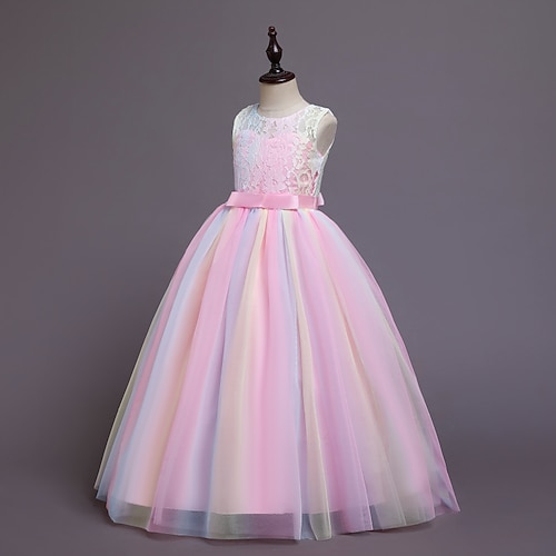 kinderkleidung Mädchen Blumenmädchen Kleid Kleid Ärmellos Hochzeit Party Spitze Gitter Kuschelig Polyester Maxi Blumenmädchenkleid Buntes Lila Farbpulver Weiß Image