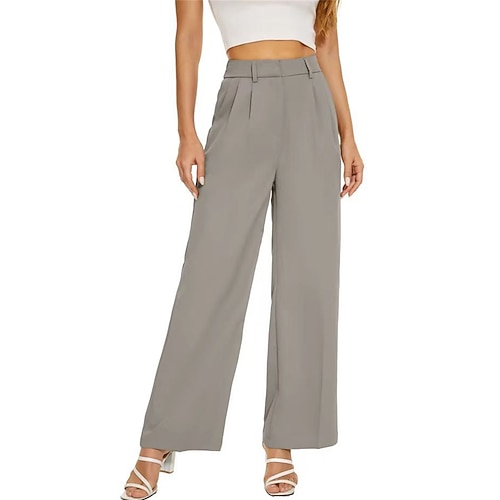 Damen Weites Bein Anzughose Hosen Hose Elegant Mode Arbeit Volle Länge Hohe Taille Einfarbig Tasche Hoher Schnitt Weich Bequem Atmungsaktiv Mikroelastisch Geschäft Büro Straße Blau Hellblau Image
