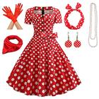 Damen-Rockabilly-Kleid in A-Linie, gepunktet, Swing-Kleid, ausgestelltes Kleid mit Zubehör-Set, 1950er-60er-Jahre, Retro-Vintage-Stil, mit Stirnband, Chiffon-Schal, Ohrringe, Katzenbrille,
