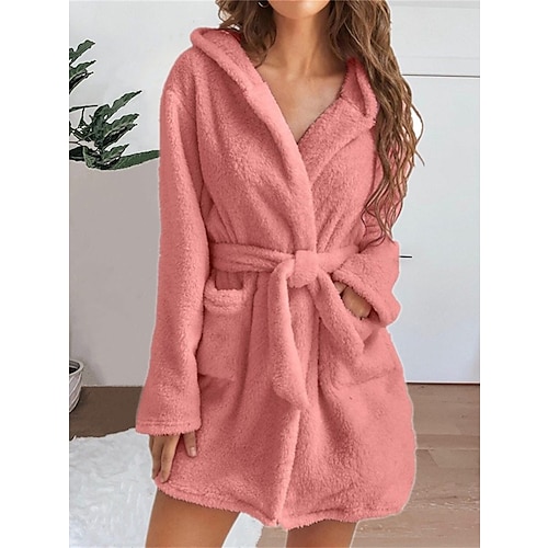 Damen-Schlafanzug, Bademantel, Bademantel, einfarbig, lässig, bequem, weich, für zu Hause, tägliches Bett, Korallenfleece, Korallensamt, Frottee, warmer Kapuzenpullover, lange Ärmel, Tasche, Image