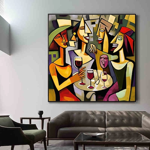 Picasso-Stil, abstraktes Mädchen, glückliche Familie, trinkend, handgemaltes Ölgemälde auf Leinwand, moderne nordische Figur, handgefertigte Wandkunst, Bild, Wohnzimmerdekoration, ohne Rahmen Image
