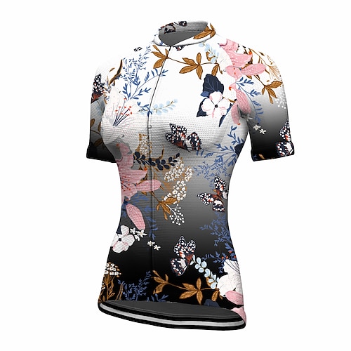 Damen Radtrikot Blumenmuster Kurzarm Fahhrad Trikot Oberteil mit 3 Gesäßtaschen Mountainbike MTB Straßenradsport Schnelltrocknend Reflektierende Streifen Rückentasche Feuchtigkeitsableitend Sport Image