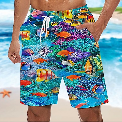 Herren Ozean Grafikdrucke Fisch Badehosen Badeshorts Boardshorts Mittlere Taille Hawaiianisch Boho Lässig Täglich Ferien Kordelzug mit Mesh-Futter Elastischer Bund Designer Bekleidung Image