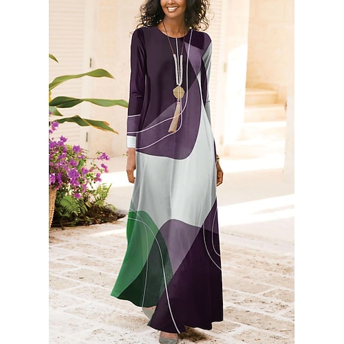 Damen Maxi Kleid Vintage Bohemian A-Linie Kleid Rundhalsausschnitt Langarm Lässig Swing Kleid Shift Kleid Mode Streetwear Modern Outdoor Täglicher Date Regulärer Schnitt Farbblock Rot Blau Lila