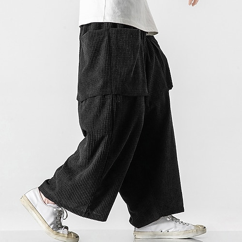 Herren Jogginghose Trainingshose Jogginghose mit weitem Bein Cordhose Tasche Kordelzug Elastische Taille Glatt Komfort Atmungsaktiv Outdoor Täglich Ausgehen Modisch Brautkleider schlicht Schwarz Weiß Image