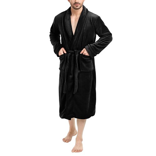 Herren Schlafanzug Morgenmantel Bademantel Glatt Stilvoll Brautkleider schlicht Komfort Heim Täglich Bett Flanell Komfort Warm Kargen Langarm Tasche Gürtel inbegriffen Herbst Winter Schwarz Weiß Image