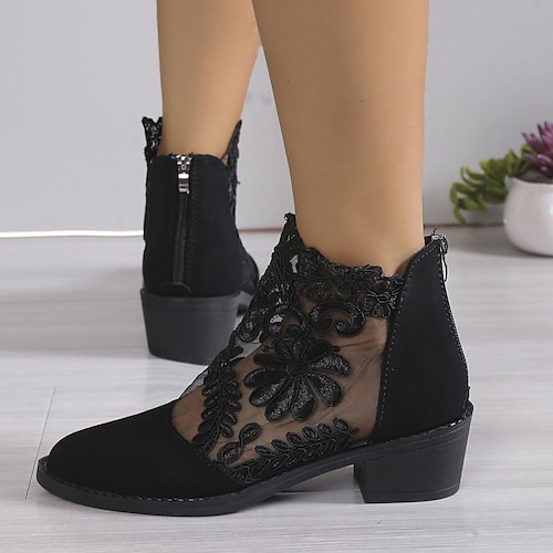 Schwarze Schnürstiefeletten für Damen mit floralem Mesh-Design und niedrigem Blockabsatz – elegantes Schuhwerk für legere und elegante Anlässe Image