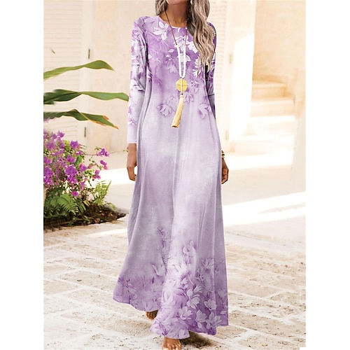Damen Maxi Kleid Vintage Bohemian A-Linie Kleid Rundhalsausschnitt Langarm Lässig Kleid Winterkleid Swing Kleid Mode Streetwear Modern Outdoor Täglicher Date Fit Floral Pink Blau Lila Herbst Winter Image