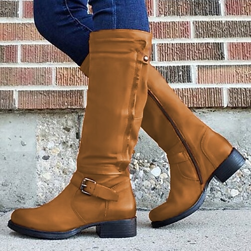 Lilafarbene kniehohe Reitstiefel für Damen mit Schnallenriemen, Vintage-Kunstleder-Stil für lässige Herbst-Outfits, Spaziergänge im Freien und Reiten Image