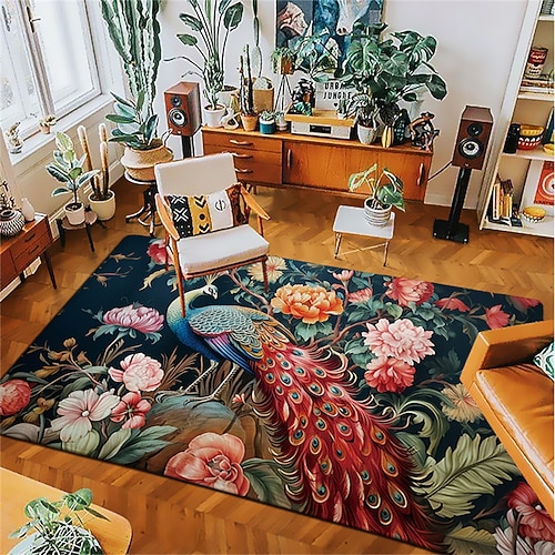 Vintage-Pfau-Teppich, Küchenmatte, rutschfeste, ölbeständige Bodenmatte, Wohnzimmerteppich, Innen- und Außenmatte, Schlafzimmerdekoration, Badezimmermatte, Eingangsteppich, Fußmatte Image