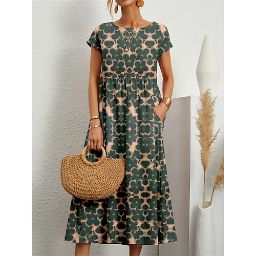 Damen Armeegrün Schwarz Gelb Frühling Herbst Maxikleid Freizeitkleid Mode Lässig Reifen Outdoor Urlaub Täglich Lässiger Schnitt Blumen Blume Rundhalsausschnitt Image