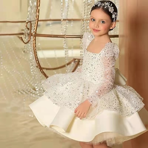Blumenmädchenkleid Mädchen Kleid Kleid für die Erstkommunion Leistung Hochzeit Party Prinzessin Süß Rüschen Gitter Punkt Langarm Rundhalsausschnitt Tippe A Typ B. 3-12 Jahre Image