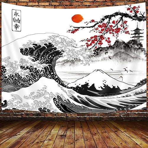 Wandteppich im japanischen Stil, großer Wandteppich, Wanddekoration, Fotohintergrund, Decke, Vorhang, Zuhause, Schlafzimmer, Wohnzimmer, Dekoration, Tempel, Frauen, Sonne Image