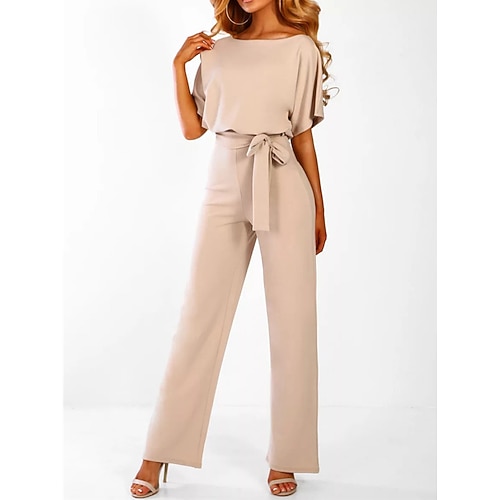Eleganter Jumpsuit für Damen mit Gürtel in der Taille, rot, weites Bein, Rundhalsausschnitt, kurze Ärmel, einfarbig, Party, Arbeit, lässig, Frühling, Sommer, Kleidung Image