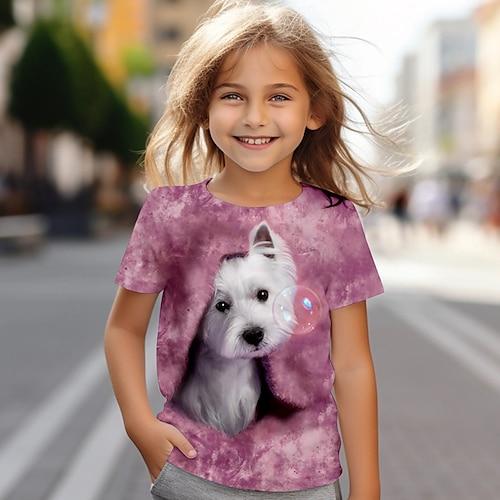 Mädchen T-Shirt mit 3D-Hund, rosa, kurzärmlig, 3D-Druck, Sommer, aktiv, modisch, süß, Polyester, Kinder, 4–12 Jahre, Rundhalsausschnitt, Outdoor, lässig, täglich, normale Passform