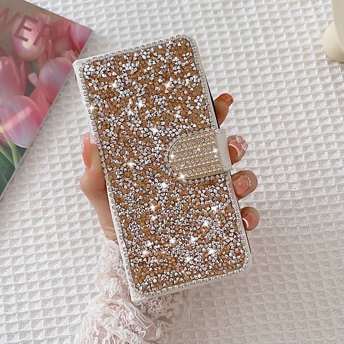Handy Hülle Handyhüllen Für Samsung Galaxy S25 S24 S23 S22 S21 FE S21 Ultra Plus A55 5G A35 5G A25 A15 Brieftaschenhülle Bling Strass mit Handyband Glitzernd Kristalldiamant PU-Leder Image