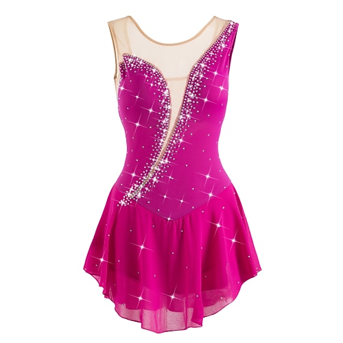 Eiskunstlaufkleid Damen Mädchen Eislaufen Kleider Weiß / Weiß Gelb Gelb Dunkellila Asymmetrischer Saum Gitter Spandex Hochelastisch Wettbewerb Eiskunstlaufkleidung Kristalle Ärmellos Eislaufen Image