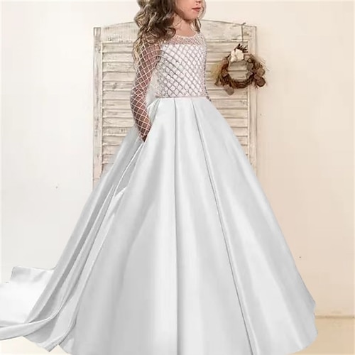 kinderkleidung Mädchen Blumenmädchen Kleid Party Kleid Feste Farbe Langarm Leistung Hochzeit Party Gitter Prinzessin Süß Gitter Mitte der Wade Etuikleid Tüll-Kleid Blumenmädchenkleid Sommer Frühling Image
