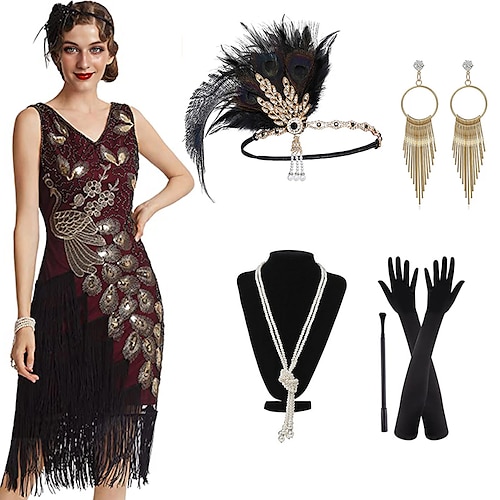 Goldene Zwanziger 1920er Knielang Kleid Flapper Kleid Outfits Ärmellos Der große Gatsby Hochzeitsgast Pailletten Quastenfransen V Ausschnitt Kostüm Damen Abendgesellschaft Party / Abend Maskerade Image