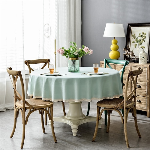 Runde Tischdecke aus rustikalem Stoff mit Quaste, Tischdecken für runde Tische, knitterfrei, schmutzabweisend, Outdoor-Tischdecke für Partyessen, runde Tischdecken Image