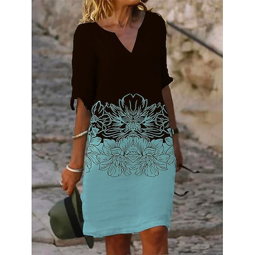 Damen Mini Kleid Petite Kleid T-Shirt Kleid Tee Kleid Shift Kleid Sommerkleid Aktive Mode Streetwear Outdoor Urlaub Arbeit Regular Fit Floral Halbarm Split-Ausschnitt Marineblau Blau Image