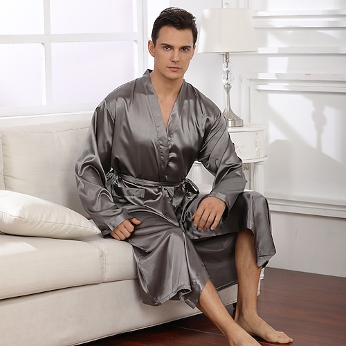 Herren Übergröße Schlafanzug Morgenmantel Seidenrobe Schlafanzüge Einfarbig Modisch Luxus Heim Bett Spa Kunstseide Satin Komfort Langarm Winter Herbst Schwarz Weinrot Image