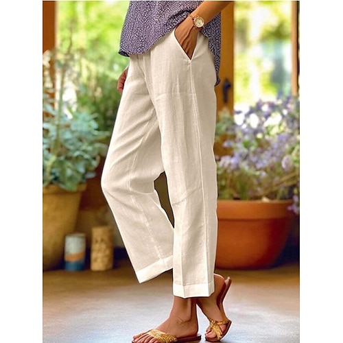Damen Baumwoll Mischung Weites Bein Abgeschnittene Hose Mode Streetwear Einfach Knöchellang Hohe Taille Einfach Tasche Hoher Schnitt Gerader Schnitt Komfort Atmungsaktivität Weich Mikroelastisch Image