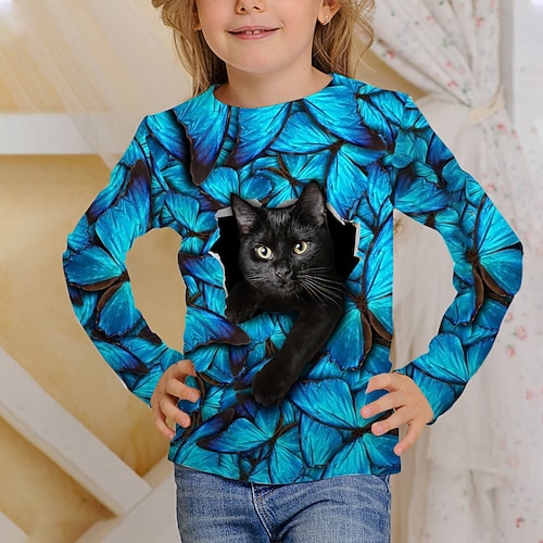 Jungen Mädchen 3D Tier Katze T-Shirt Langarm 3D-Druck Herbst Casual kinderkleidung 4-12 Jahre Schulanfang Regular Fit Image