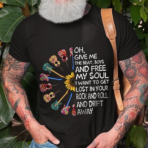 Rock und Roll Musikliebhaber Herren T-Shirt mit Gitarre Sonnenblumen Grafik 'Drift Away' Songtext Tee Image