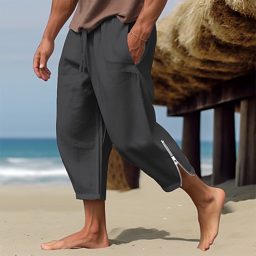 Herren Leinenhose Sommerhosen Strandhose Kordelzug Elastische Taille Bein mit Reißverschluss Glatt Komfort Atmungsaktiv Casual Täglich Festtage Modisch Klassicher Stil Schwarz Weiß Image